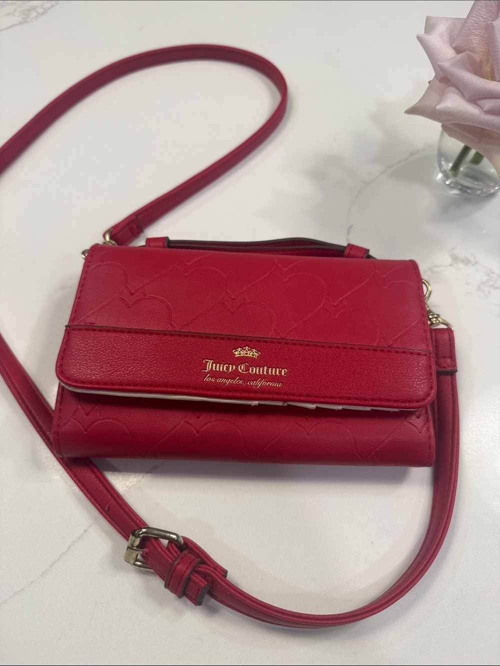 Juicy Couture red  Heart-Embossed Crossbody Bag with Gold Logo